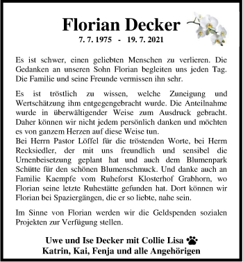 Traueranzeige von Florian Decker von Nordwest-Zeitung