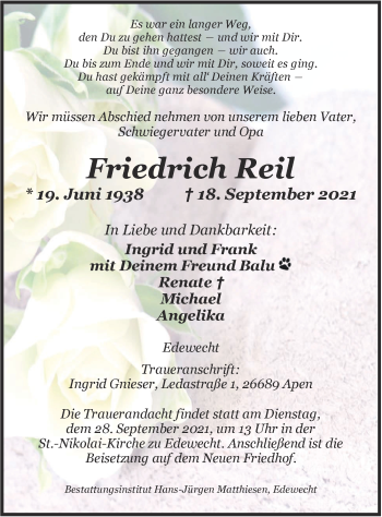 Traueranzeige von Friedrich Reil von Nordwest-Zeitung