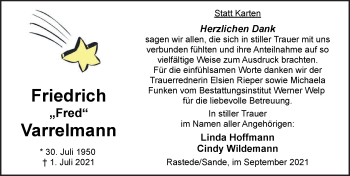 Traueranzeige von Friedrich Varrelmann von Nordwest-Zeitung
