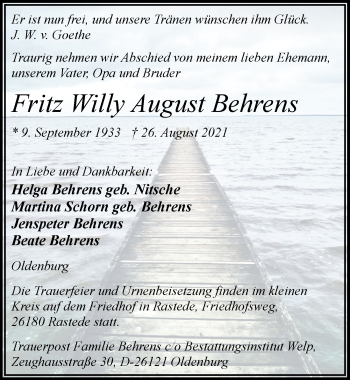 Traueranzeige von Fritz Willy August Behrens von Nordwest-Zeitung