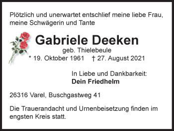Traueranzeige von Gabriele Deeken von Nordwest-Zeitung