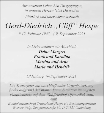 Traueranzeige von Gerd-Diedrich Hespe von Nordwest-Zeitung