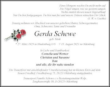 Traueranzeige von Gerda Schewe von Nordwest-Zeitung