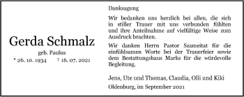 Traueranzeige von Gerda Schmalz von Nordwest-Zeitung