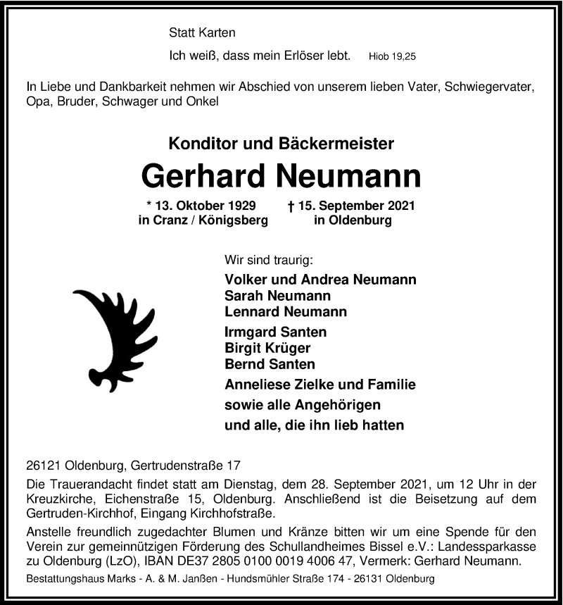  Traueranzeige für Gerhard Neumann vom 23.09.2021 aus Nordwest-Zeitung