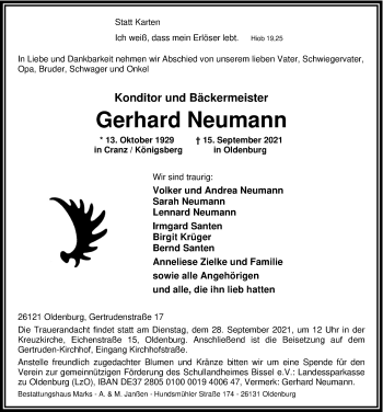 Traueranzeige von Gerhard Neumann von Nordwest-Zeitung