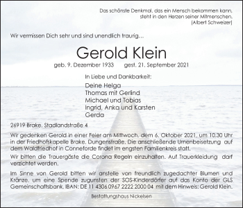 Traueranzeige von Gerold Klein von Nordwest-Zeitung