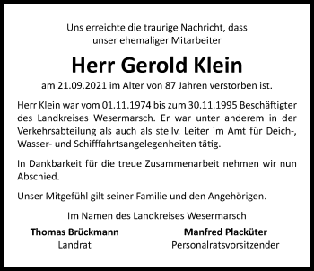 Traueranzeige von Gerold Klein von Nordwest-Zeitung