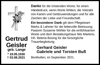 Traueranzeige von Gertrud Geisler von Nordwest-Zeitung