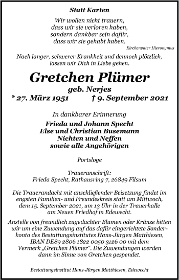 Traueranzeige von Gretchen Plümer von Nordwest-Zeitung