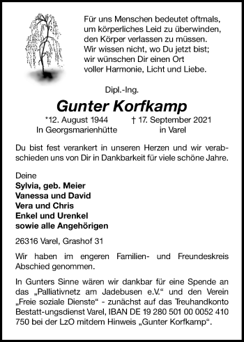 Traueranzeige von Gunter Korfkamp von Nordwest-Zeitung