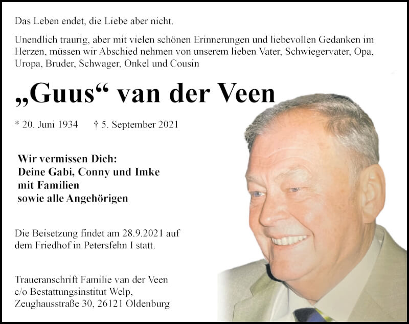  Traueranzeige für Guus van der Veen vom 18.09.2021 aus Nordwest-Zeitung