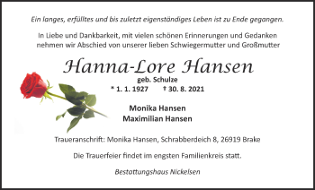 Traueranzeige von Hanna-Lore Hansen von Nordwest-Zeitung