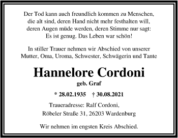 Traueranzeige von Hannelore Cordoni von Nordwest-Zeitung