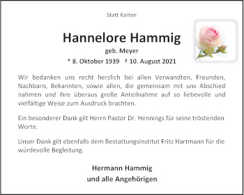 Traueranzeige von Hannelore Hammig von Nordwest-Zeitung