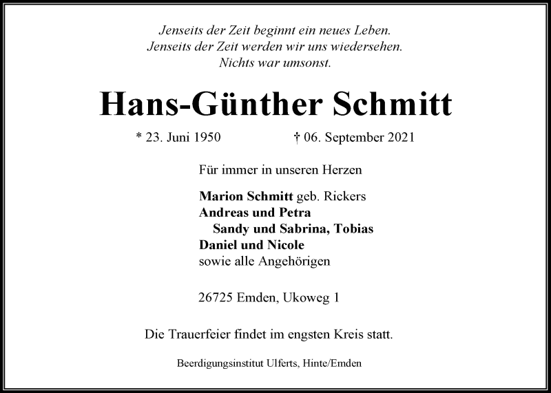  Traueranzeige für Hans-Günther Schmitt vom 11.09.2021 aus Emder Zeitung