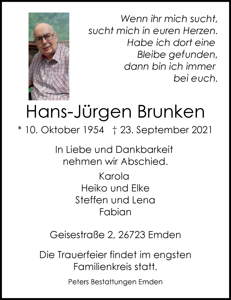 Traueranzeige für Hans-Jürgen Brunken vom 28.09.2021 aus Emder Zeitung