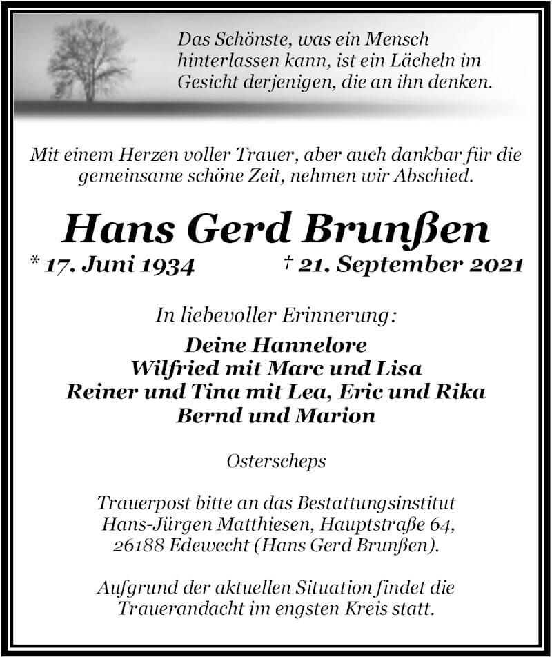  Traueranzeige für Hans Gerd Brunßen vom 25.09.2021 aus Nordwest-Zeitung