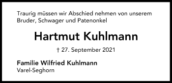 Traueranzeige von Hartmut Kuhlmann von Nordwest-Zeitung