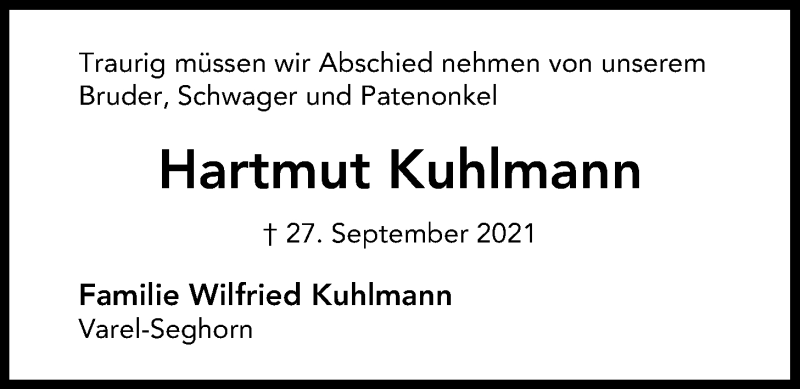  Traueranzeige für Hartmut Kuhlmann vom 01.10.2021 aus Nordwest-Zeitung