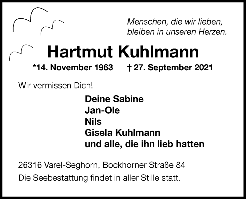  Traueranzeige für Hartmut Kuhlmann vom 01.10.2021 aus Nordwest-Zeitung