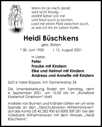 Traueranzeige von Heidi Büschkens von Nordwest-Zeitung