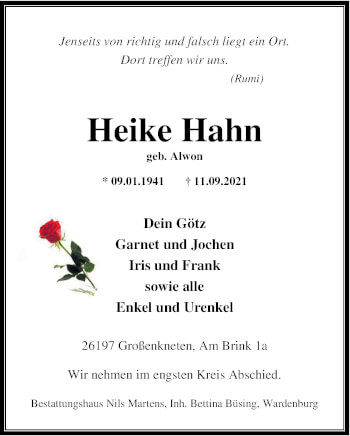 Traueranzeige von Heike Hahn von Nordwest-Zeitung