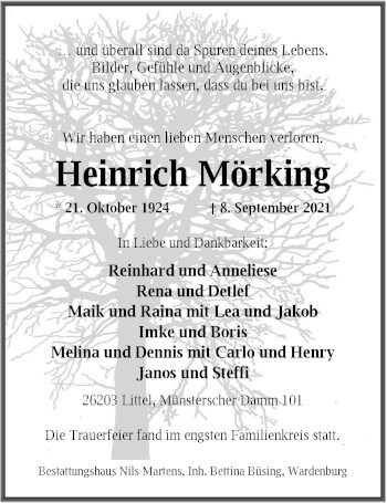Traueranzeige von Heinrich Mörking von Nordwest-Zeitung