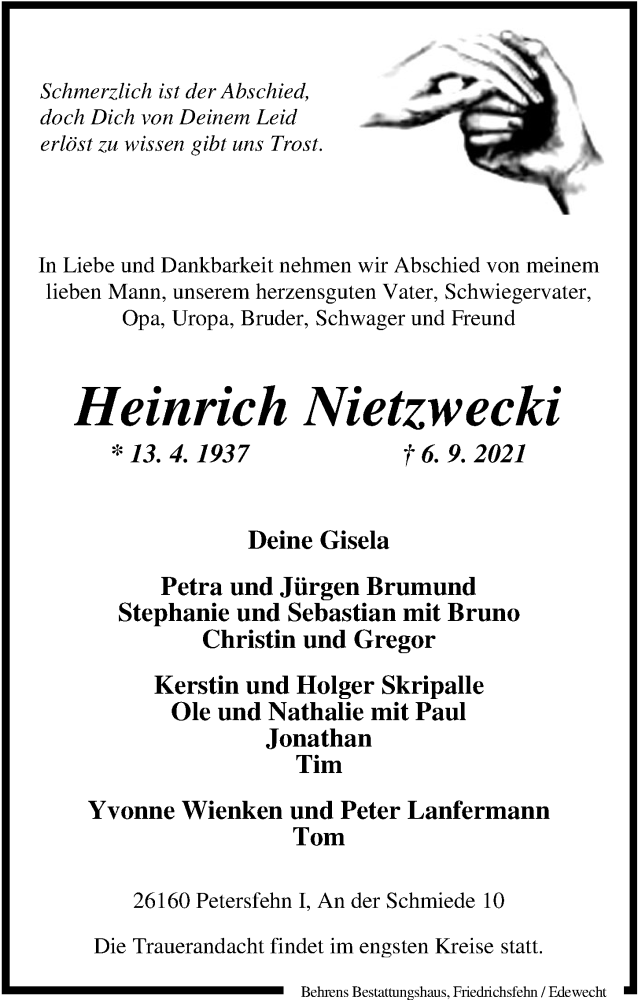  Traueranzeige für Heinrich Nietzwecki vom 10.09.2021 aus Nordwest-Zeitung