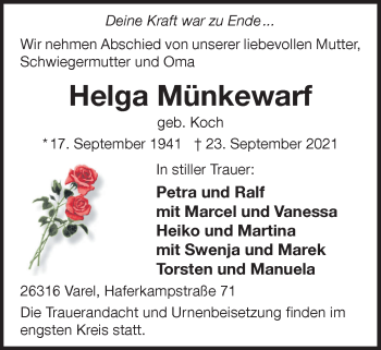 Traueranzeige von Helga Münkewarf von Nordwest-Zeitung