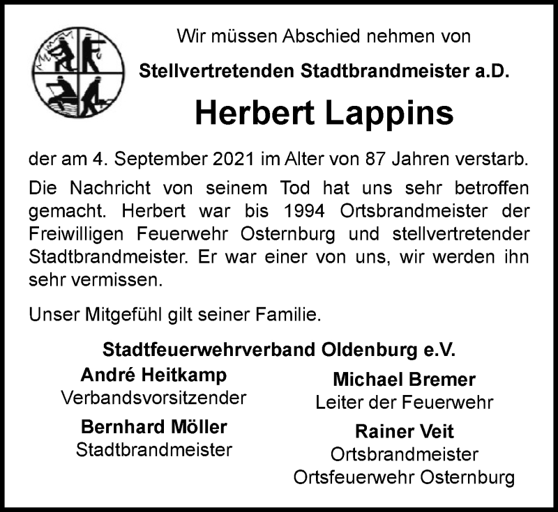  Traueranzeige für Herbert Lappins vom 14.09.2021 aus Nordwest-Zeitung