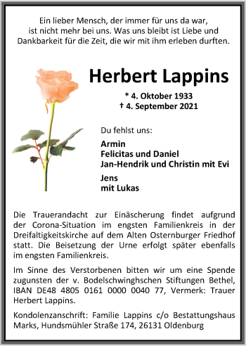 Traueranzeige von Herbert Lappins von Nordwest-Zeitung