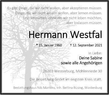 Traueranzeige von Hermann Westfal von Nordwest-Zeitung