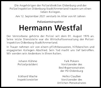 Traueranzeige von Hermann Westfal von Nordwest-Zeitung