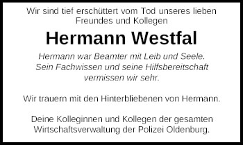 Traueranzeige von Hermann Westfal von Nordwest-Zeitung