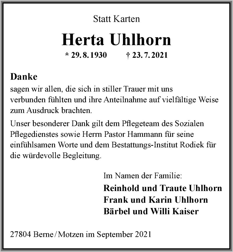  Traueranzeige für Herta Uhlhorn vom 09.09.2021 aus Nordwest-Zeitung