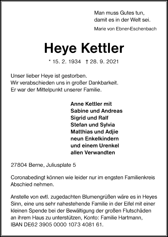  Traueranzeige für Heye Kettler vom 01.10.2021 aus Nordwest-Zeitung