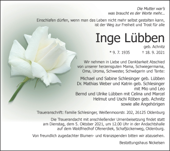 Traueranzeige von Inge Lübben von Nordwest-Zeitung