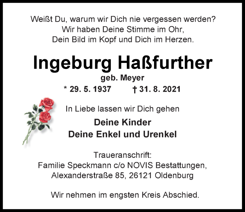  Traueranzeige für Ingeburg Haßfurther vom 04.09.2021 aus Nordwest-Zeitung