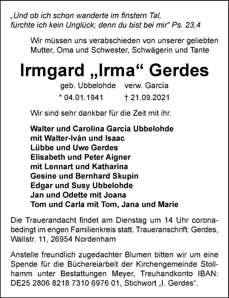  Traueranzeige für Irmgard Gerdes vom 24.09.2021 aus Nordwest-Zeitung