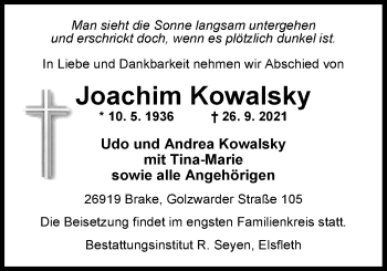 Traueranzeige von Joachim Kowalsky von Nordwest-Zeitung