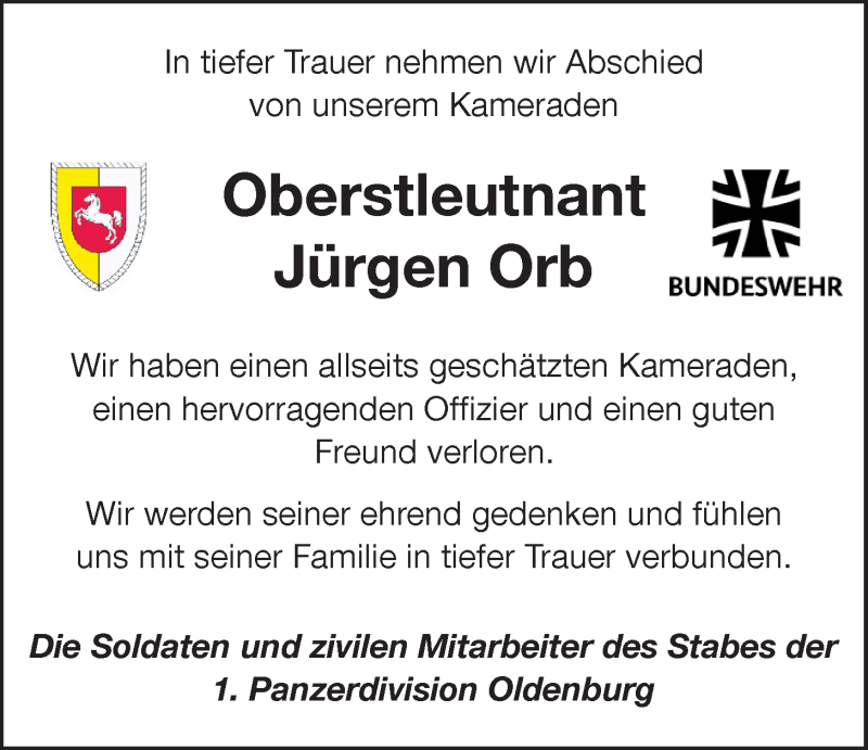  Traueranzeige für Jürgen Orb vom 09.09.2021 aus Nordwest-Zeitung