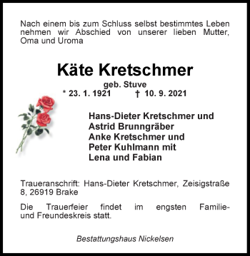 Traueranzeige von Käte Kretschmer von Nordwest-Zeitung