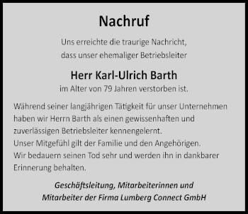 Traueranzeige von Karl-Ulrich Barth von Nordwest-Zeitung