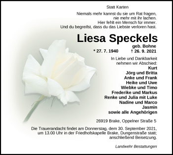 Traueranzeige von Liesa Speckels von Nordwest-Zeitung