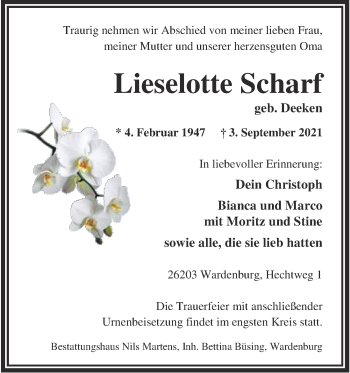 Traueranzeige von Lieselotte Scharf von Nordwest-Zeitung