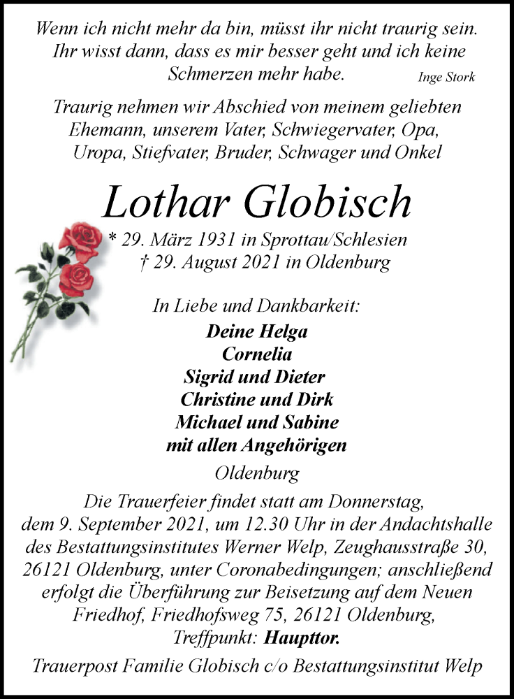  Traueranzeige für Lothar Globisch vom 04.09.2021 aus Nordwest-Zeitung