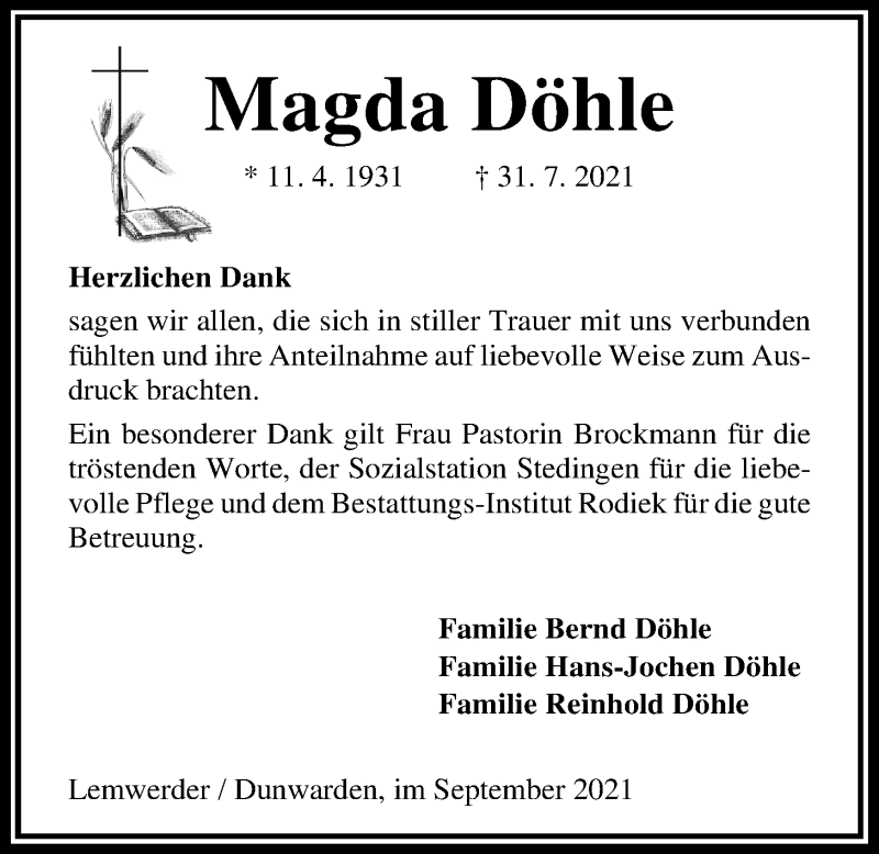  Traueranzeige für Magda Döhle vom 11.09.2021 aus Nordwest-Zeitung