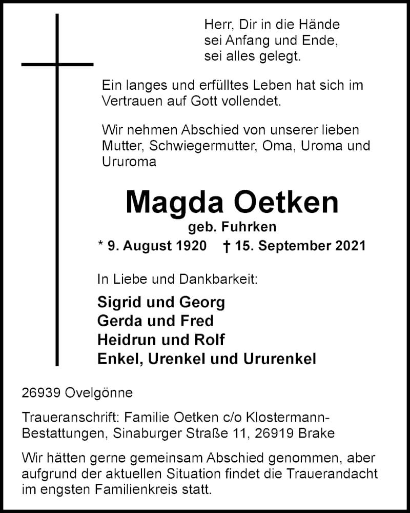  Traueranzeige für Magda Oetken vom 17.09.2021 aus Nordwest-Zeitung