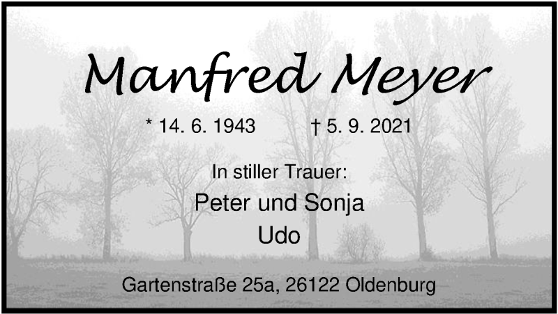  Traueranzeige für Manfred Meyer vom 11.09.2021 aus Nordwest-Zeitung
